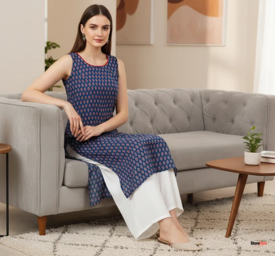 Blue Booti Printed Sleeveless Rayon Kurti with Pom-Pom Lace – Straight Ethnic Wear for Women