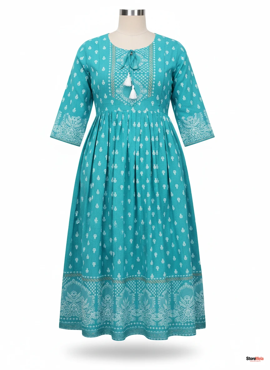 Sky Buti Printed Rayon Kurti – Three-Quarter Sleeve Ethnic Wear for Women (XS–5XL)