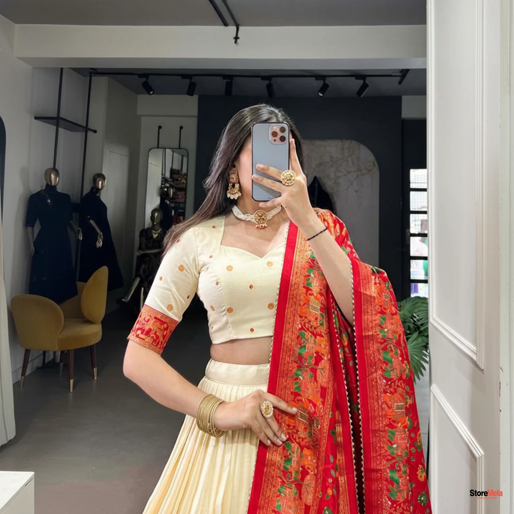 Women’s White Floral Patola Print Tussar Silk Lehenga Choli with Dupatta – Foil Work Semi-Stitched Ethnic Set