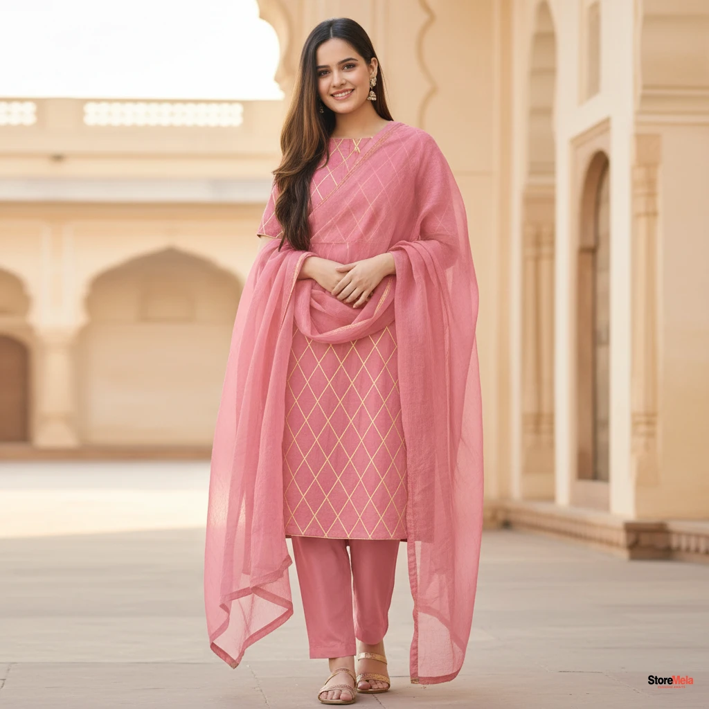 Women’s Peach Rayon Kurti Sharara Set with Net Dupatta – Embroidered Party Wear A-Line Suit