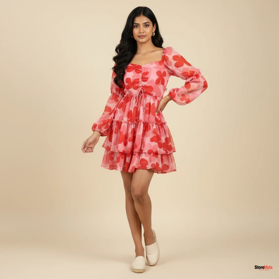 Women’s Printed Poly Crepe Dress – Three-Quarter Sleeve Casual & Party Wear Dress