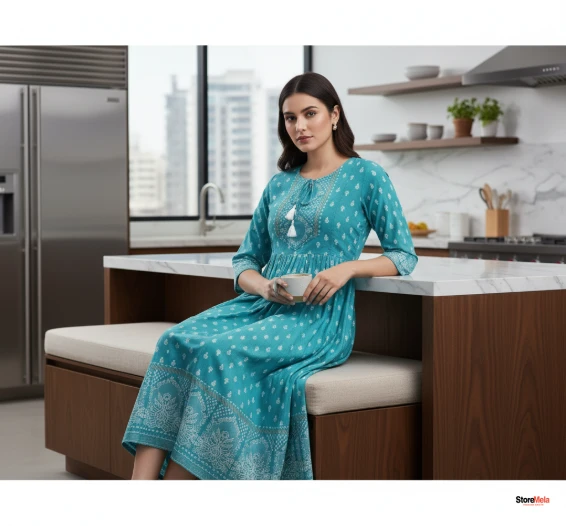 Sky Buti Printed Rayon Kurti – Three-Quarter Sleeve Ethnic Wear for Women (XS–5XL)