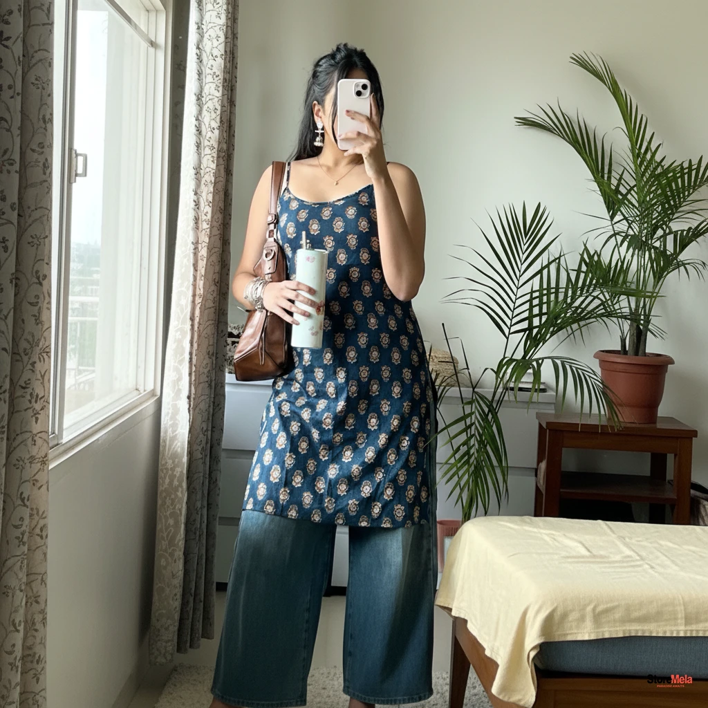 Trendy Sleeveless Indigo Printed A-Line Kurti – Boho Fusion Rayon Ethnic Top for Women